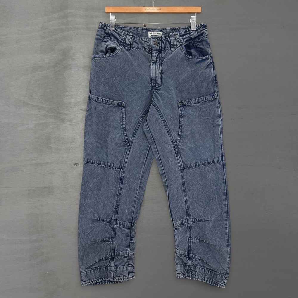 We The Free People Cargo Pants Blue Acid Wash Panelled Canvas Straight Leg 10